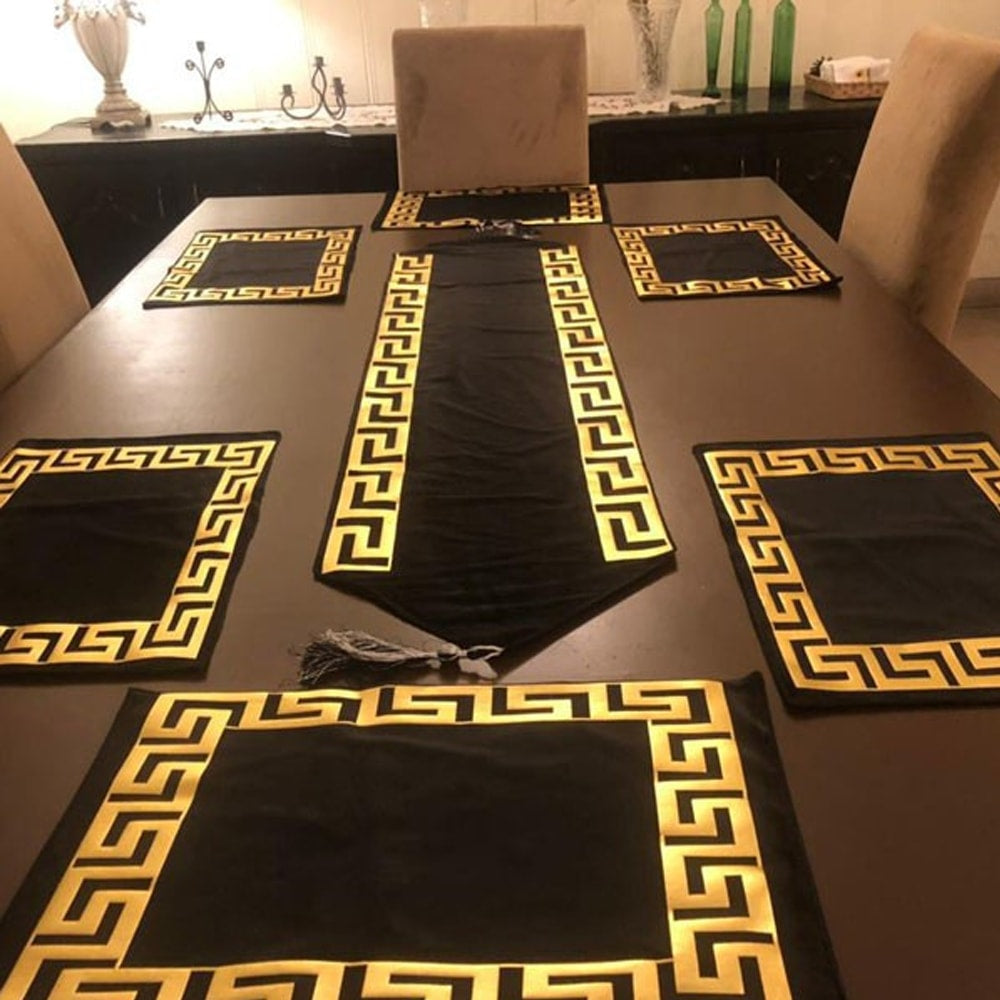 7 Pcs Elegant Versace Premium Velvet Table Runner Set – Black