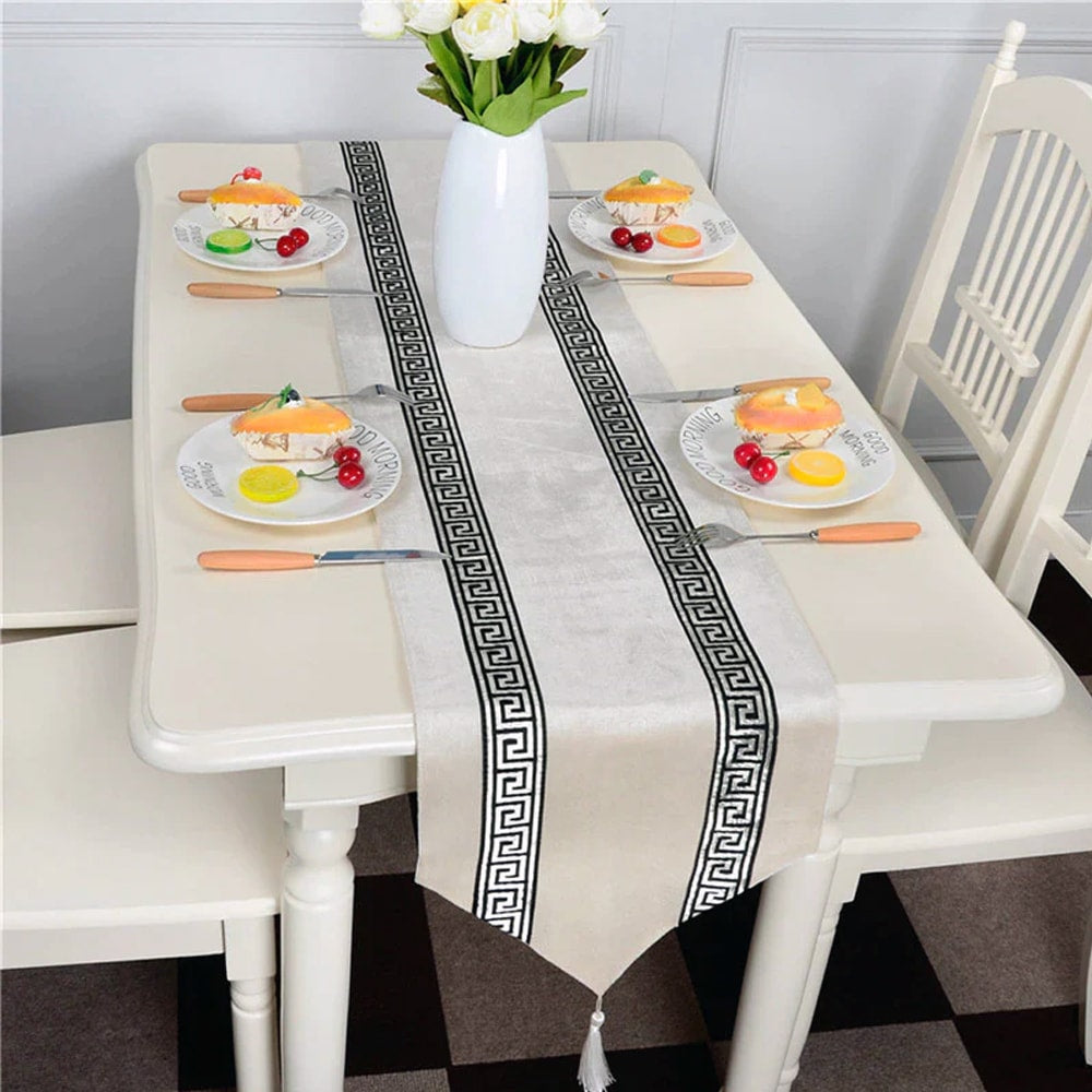 7 PCs Versace Velvet Table Runner Set – Cream Black