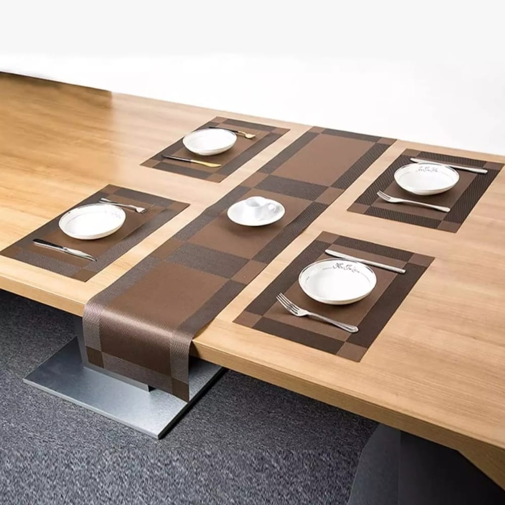 5 Pcs Coaster Table Mats & Table Runner Set Heat Resistant Placemats - Brown