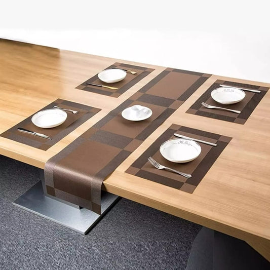 5 Pcs Coaster Table Mats & Table Runner Set Heat Resistant Placemats - Brown